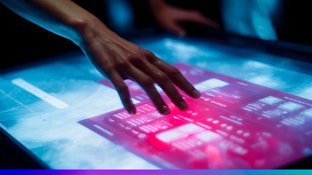 Mão interagindo com uma tela sensível ao toque com interface digital futurista em tons de azul e rosa.