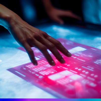 Mão interagindo com uma tela sensível ao toque com interface digital futurista em tons de azul e rosa.