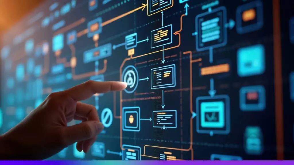 Pessoa interagindo com uma tela digital que exibe um complexo fluxo de automação, com ícones, setas e caixas representando processos e dados interconectados. A imagem transmite o conceito de sistemas integrados e automação de processos digitais.