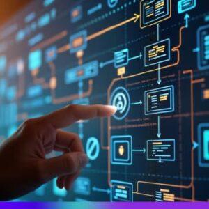 Pessoa interagindo com uma tela digital que exibe um complexo fluxo de automação, com ícones, setas e caixas representando processos e dados interconectados. A imagem transmite o conceito de sistemas integrados e automação de processos digitais.
