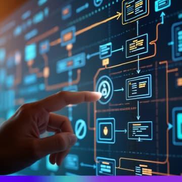 Pessoa interagindo com uma tela digital que exibe um complexo fluxo de automação, com ícones, setas e caixas representando processos e dados interconectados. A imagem transmite o conceito de sistemas integrados e automação de processos digitais.