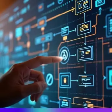 Pessoa interagindo com uma tela digital que exibe um complexo fluxo de automação, com ícones, setas e caixas representando processos e dados interconectados. A imagem transmite o conceito de sistemas integrados e automação de processos digitais.