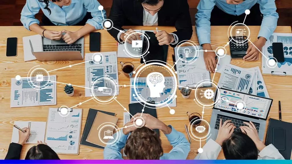 Business Intelligence e IA: equipe analisando dashboards e relatórios com sobreposição de ícones que representam integração de dados.