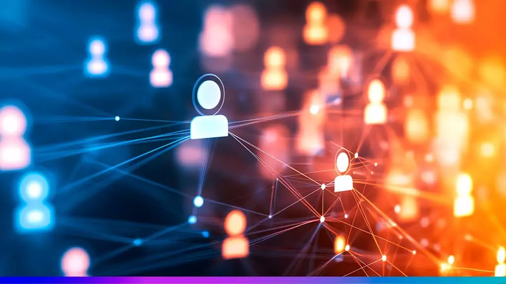 Ilustração de rede digital conectando ícones de pessoas, simbolizando centralização de dados de clientes em uma CDP unificada.