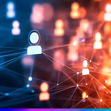 Ilustração de rede digital conectando ícones de pessoas, simbolizando centralização de dados de clientes em uma CDP unificada.