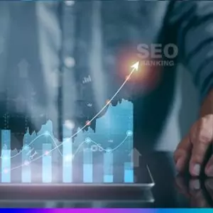 Gráfico ascendente e barras sobre um tablet, com “SEO ranking” ao fundo, simbolizando crescimento nos resultados de SEO.