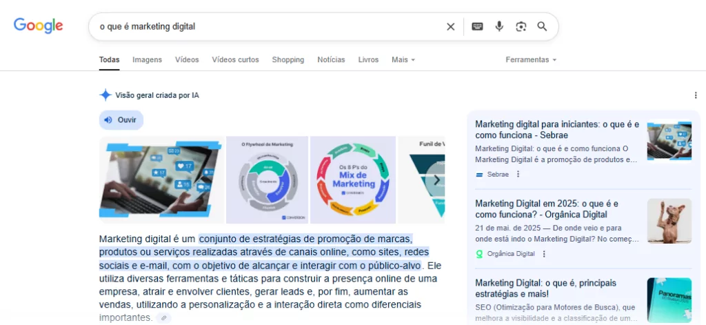 Captura de tela da busca do Google por “o que é marketing digital”, com a Visão geral criada por IA exibindo uma definição destacada.