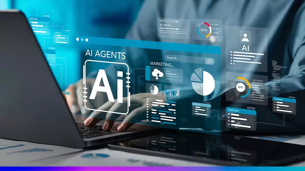 Futuro do Business Intelligence: AI agents e dashboards com gráficos e KPIs sobre um laptop