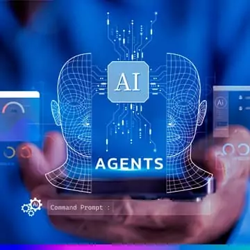 Ilustração de agentes de IA autônomos com interface digital e ícone de inteligência artificial, representando automação e tecnologia de dados.