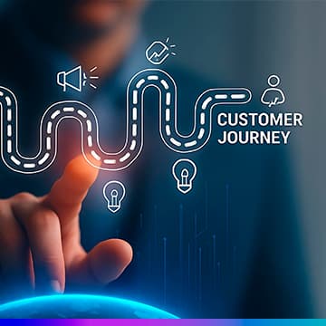 Mão tocando uma interface digital com trilha sinuosa e ícones de etapas ao lado do texto “Customer Journey”.