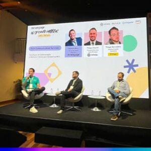 Painel do evento Growth Mixer 2025 em São Paulo, com especialistas da MoEngage, Infobip e 99Pay debatendo estratégias e melhores práticas para campanhas RCS.