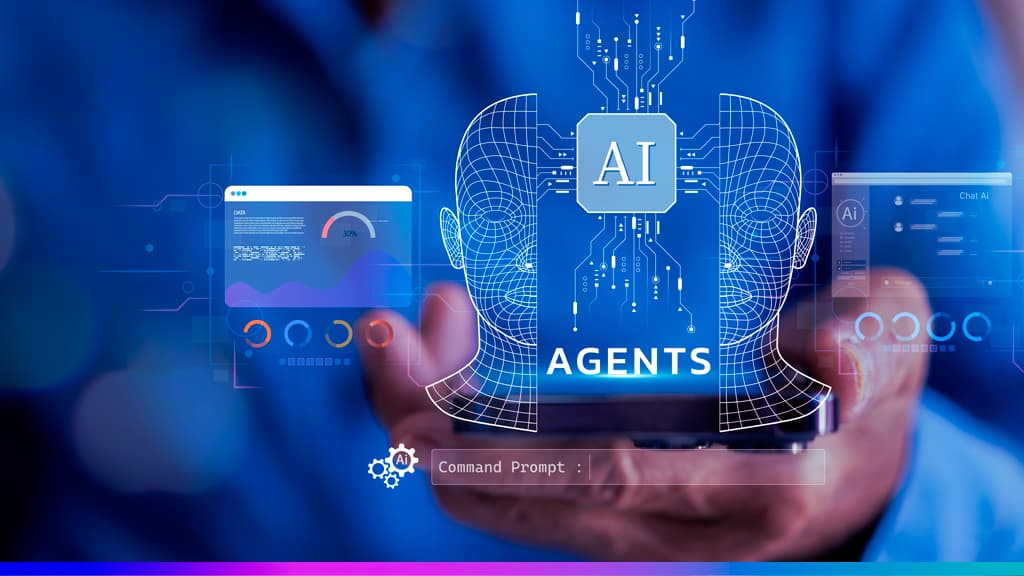 Ilustração de agentes de IA autônomos com interface digital e ícone de inteligência artificial, representando automação e tecnologia de dados.