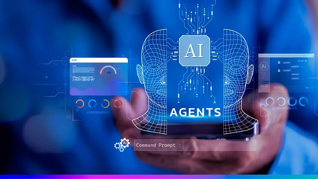Ilustração de agentes de IA autônomos com interface digital e ícone de inteligência artificial, representando automação e tecnologia de dados.