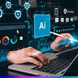 Pessoa usando notebook com gráficos digitais e ícones de Inteligência Artificial na tela, representando o framework 3As (Automatizar, Aumentar e Analisar) aplicado em estratégias de IA para negócios.