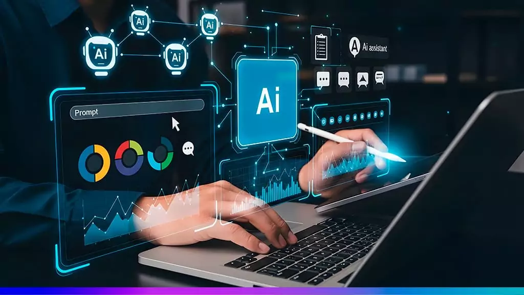 Pessoa usando notebook com gr&aacute;ficos digitais e &iacute;cones de Intelig&ecirc;ncia Artificial na tela, representando o framework 3As (Automatizar, Aumentar e Analisar) aplicado em estrat&eacute;gias de IA para neg&oacute;cios.