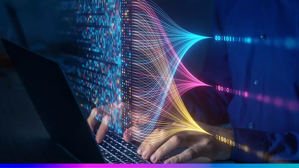 Pessoa utilizando notebook com visualiza&ccedil;&atilde;o digital colorida de dados e conex&otilde;es representando o uso da intelig&ecirc;ncia artificial no marketing digital para an&aacute;lise, automa&ccedil;&atilde;o e otimiza&ccedil;&atilde;o de campanhas.