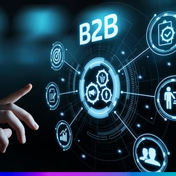 Mão interagindo com interface digital futurista com o termo B2B e ícones que representam negócios, marketing e tecnologia empresarial.