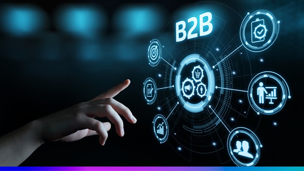 Mão interagindo com interface digital futurista com o termo B2B e ícones que representam negócios, marketing e tecnologia empresarial.