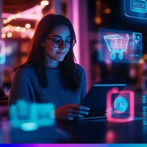 Mulher usando tablet em ambiente moderno com ícones digitais de e-commerce e tecnologia ao redor, representando o conceito de marketing omnichannel.