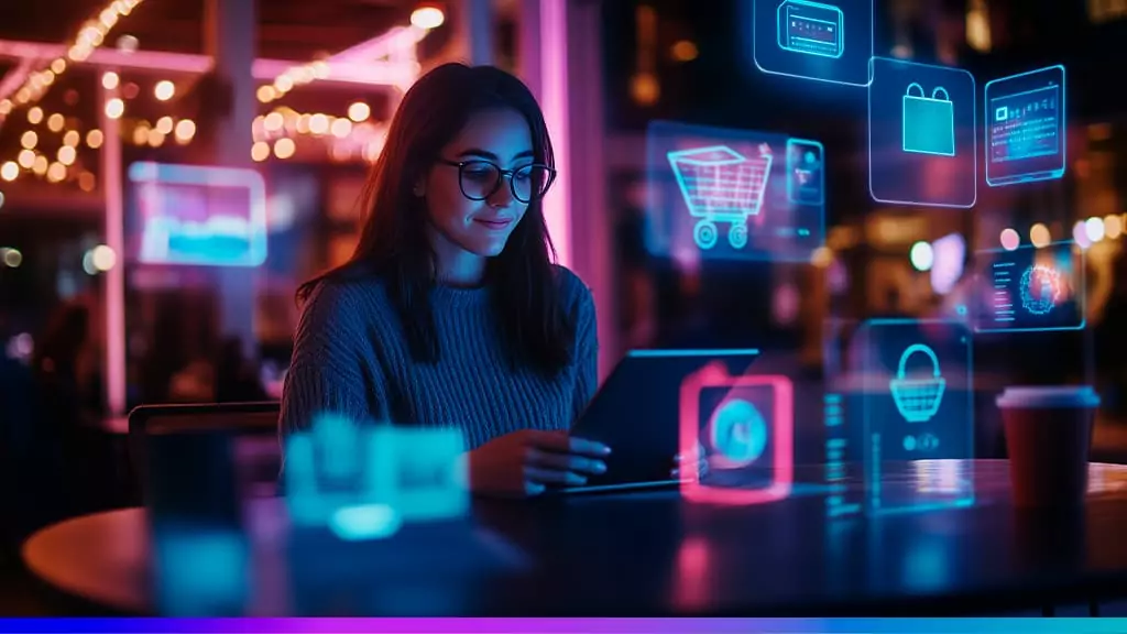 Mulher usando tablet em ambiente moderno com &iacute;cones digitais de e-commerce e tecnologia ao redor, representando o conceito de marketing omnichannel.