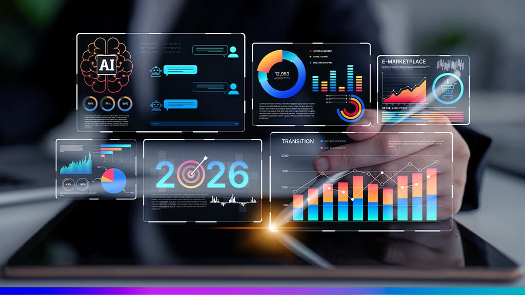 Painel com gráficos e dashboards de dados, ícone de IA e o número ‘2026’ em destaque, sugerindo análise e tomada de decisão orientada por dados.