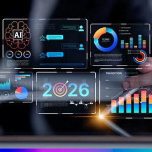Painel com gráficos e dashboards de dados, ícone de IA e o número ‘2026’ em destaque, sugerindo análise e tomada de decisão orientada por dados.
