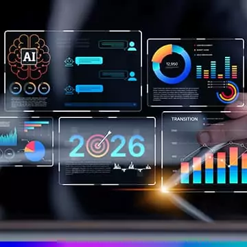Painel com gr&aacute;ficos e dashboards de dados, &iacute;cone de IA e o n&uacute;mero &lsquo;2026&rsquo; em destaque, sugerindo an&aacute;lise e tomada de decis&atilde;o orientada por dados.