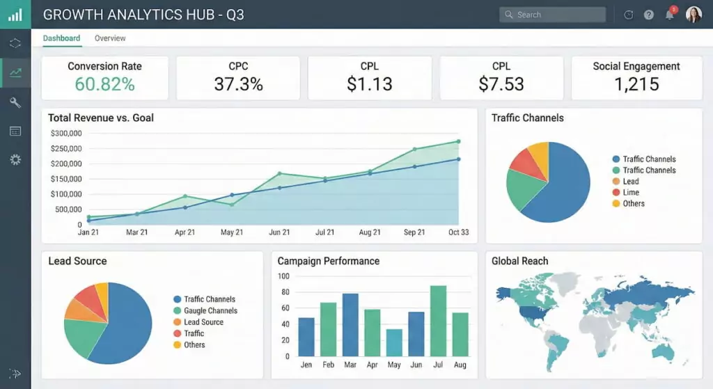 Exemplo de dashboard de marketing digital.
