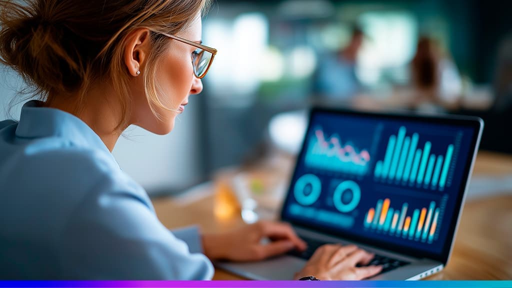 Profissional analisando dashboards de dados e métricas de desempenho em um notebook, representando estratégias de martech e análise digital.