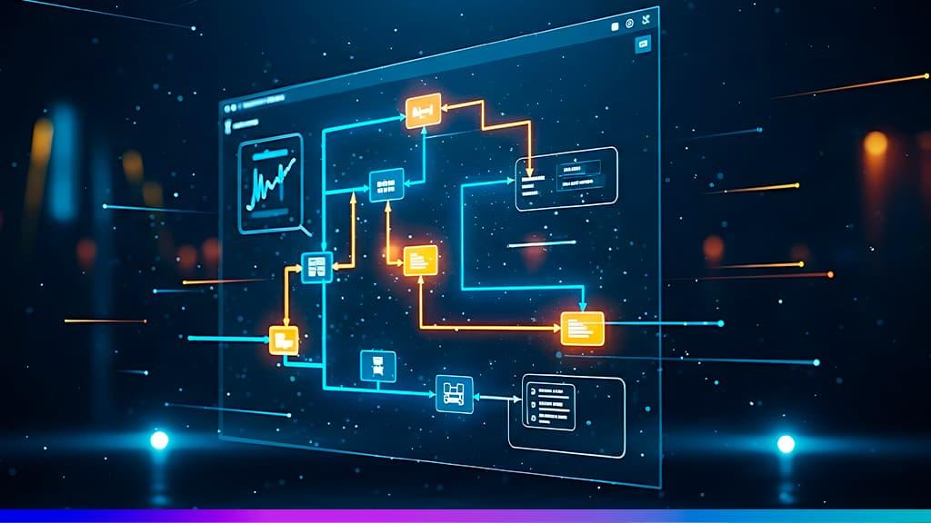 Ilustração futurista de um painel digital mostrando um fluxograma de processamento de dados, com caixas e ícones conectados por linhas azuis e laranja e um gráfico em um dos módulos.