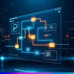Ilustração futurista de um painel digital mostrando um fluxograma de processamento de dados, com caixas e ícones conectados por linhas azuis e laranja e um gráfico em um dos módulos.