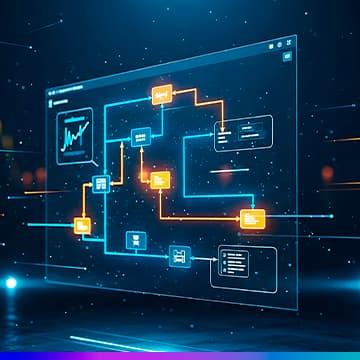 Ilustração futurista de um painel digital mostrando um fluxograma de processamento de dados, com caixas e ícones conectados por linhas azuis e laranja e um gráfico em um dos módulos.