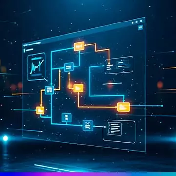 Ilustração futurista de um painel digital mostrando um fluxograma de processamento de dados, com caixas e ícones conectados por linhas azuis e laranja e um gráfico em um dos módulos.