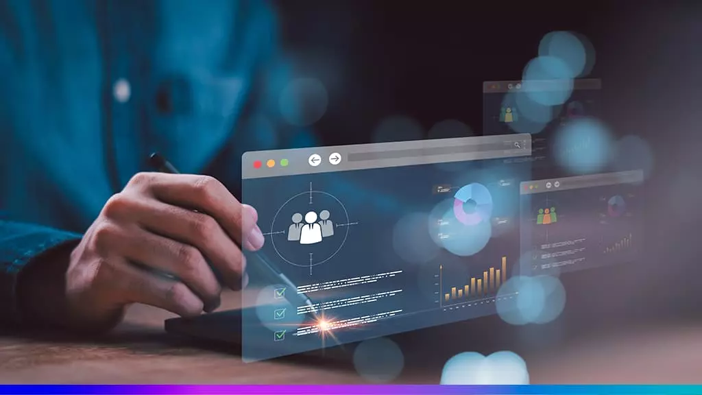 Profissional interagindo com um painel digital de dados de clientes, com gr&aacute;ficos, m&eacute;tricas e &iacute;cones representando an&aacute;lise de informa&ccedil;&otilde;es e uso de martech e CDP.
