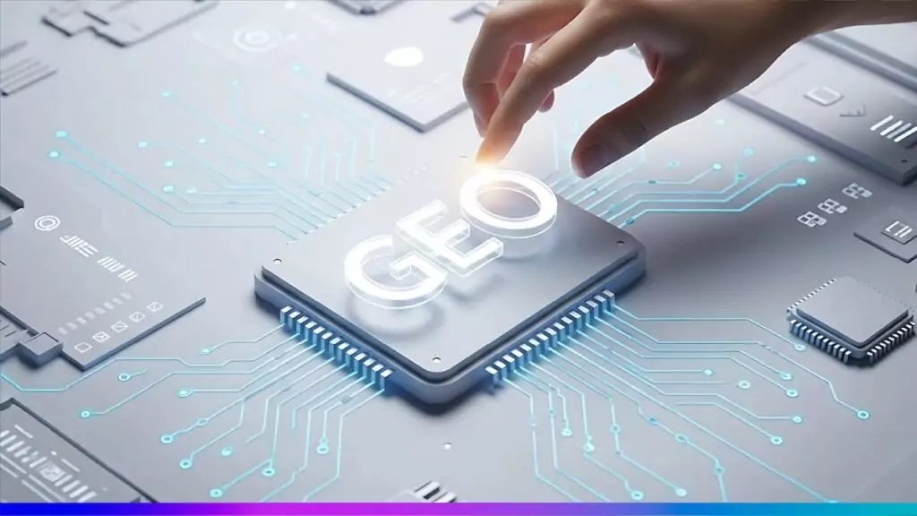 Ilustra&ccedil;&atilde;o conceitual de um microchip com a sigla &ldquo;GEO&rdquo; iluminada, conectado a circuitos digitais, simbolizando Generative Engine Optimization e tecnologia de intelig&ecirc;ncia artificial.