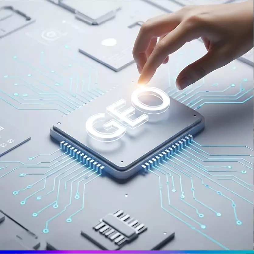 Ilustra&ccedil;&atilde;o conceitual de um microchip com a sigla &ldquo;GEO&rdquo; iluminada, conectado a circuitos digitais, simbolizando Generative Engine Optimization e tecnologia de intelig&ecirc;ncia artificial.
