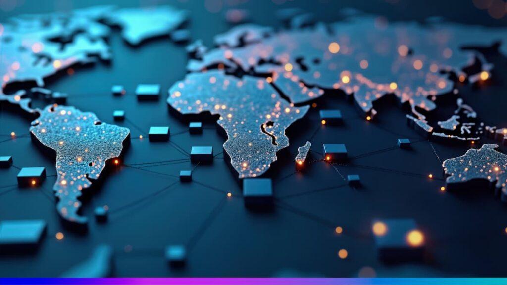 Mapa-múndi estilizado em tons de azul, com pontos de luz conectando regiões e blocos representando nós de rede, sugerindo conectividade global e infraestrutura digital.
