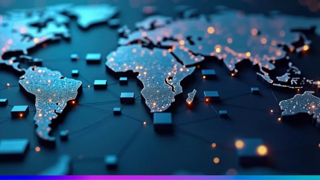 Mapa-m&uacute;ndi estilizado em tons de azul, com pontos de luz conectando regi&otilde;es e blocos representando n&oacute;s de rede, sugerindo conectividade global e infraestrutura digital.