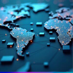 Mapa-múndi estilizado em tons de azul, com pontos de luz conectando regiões e blocos representando nós de rede, sugerindo conectividade global e infraestrutura digital.