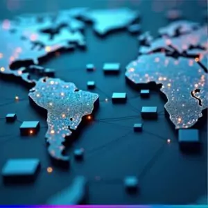 Mapa-múndi estilizado em tons de azul, com pontos de luz conectando regiões e blocos representando nós de rede, sugerindo conectividade global e infraestrutura digital.
