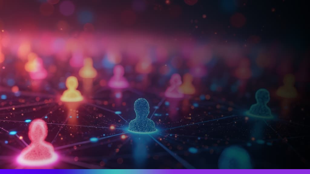 Representação visual de múltiplos perfis de usuários conectados em uma rede digital com luzes coloridas, simbolizando análise de dados e segmentação de leads.