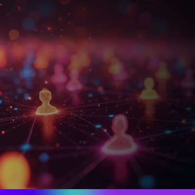 Ilustração de perfis de usuários conectados em uma rede digital com pontos de luz, representando análise de dados e classificação de leads (lead scoring).